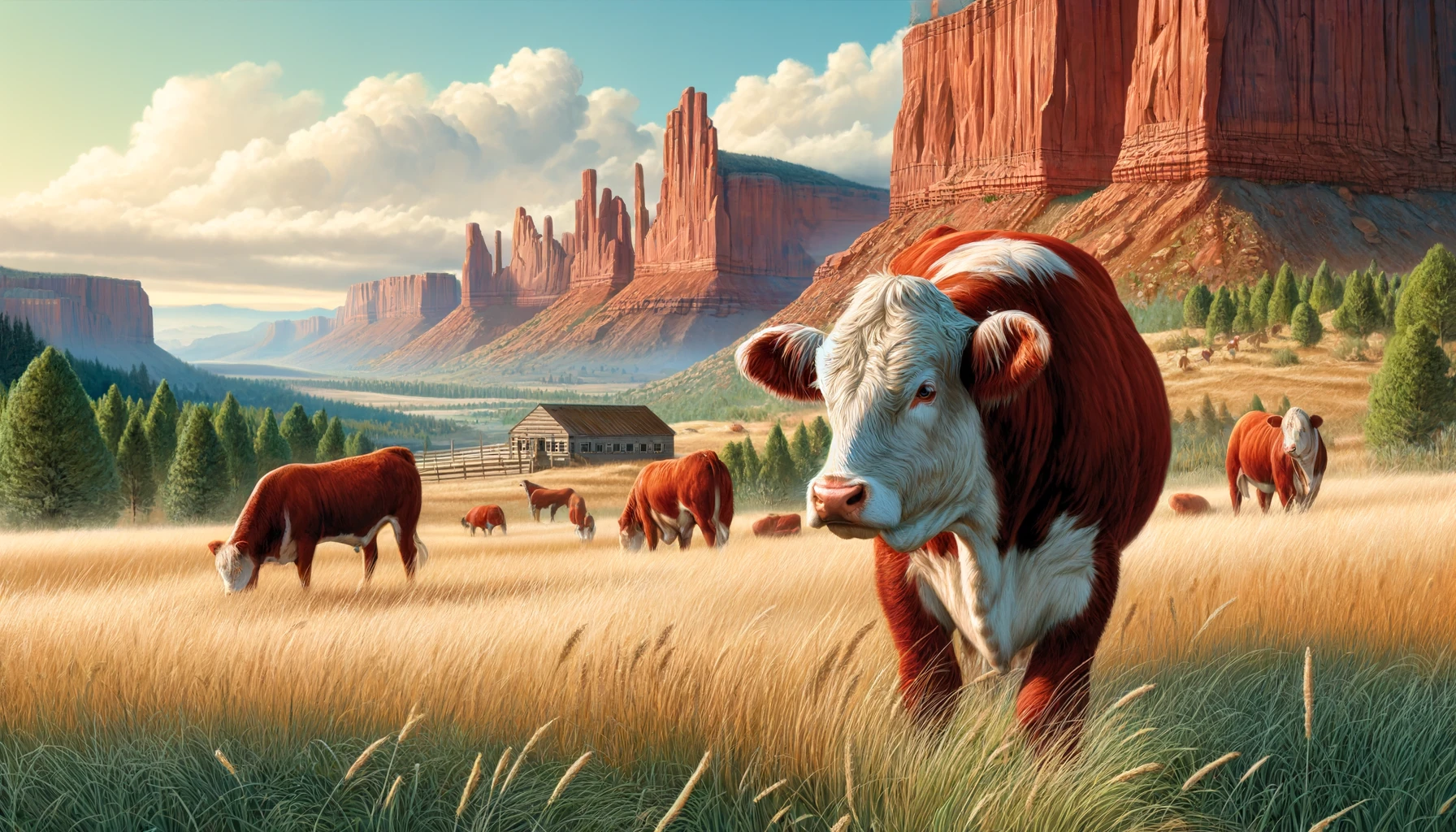 Giving Hereford Cattle Ranch - A vivid and detailed wide aspect closeup illustration of a Hereford Ranch in Utah. The scene focuses on Hereford cattle grazing in a scenic Utah lands (2)