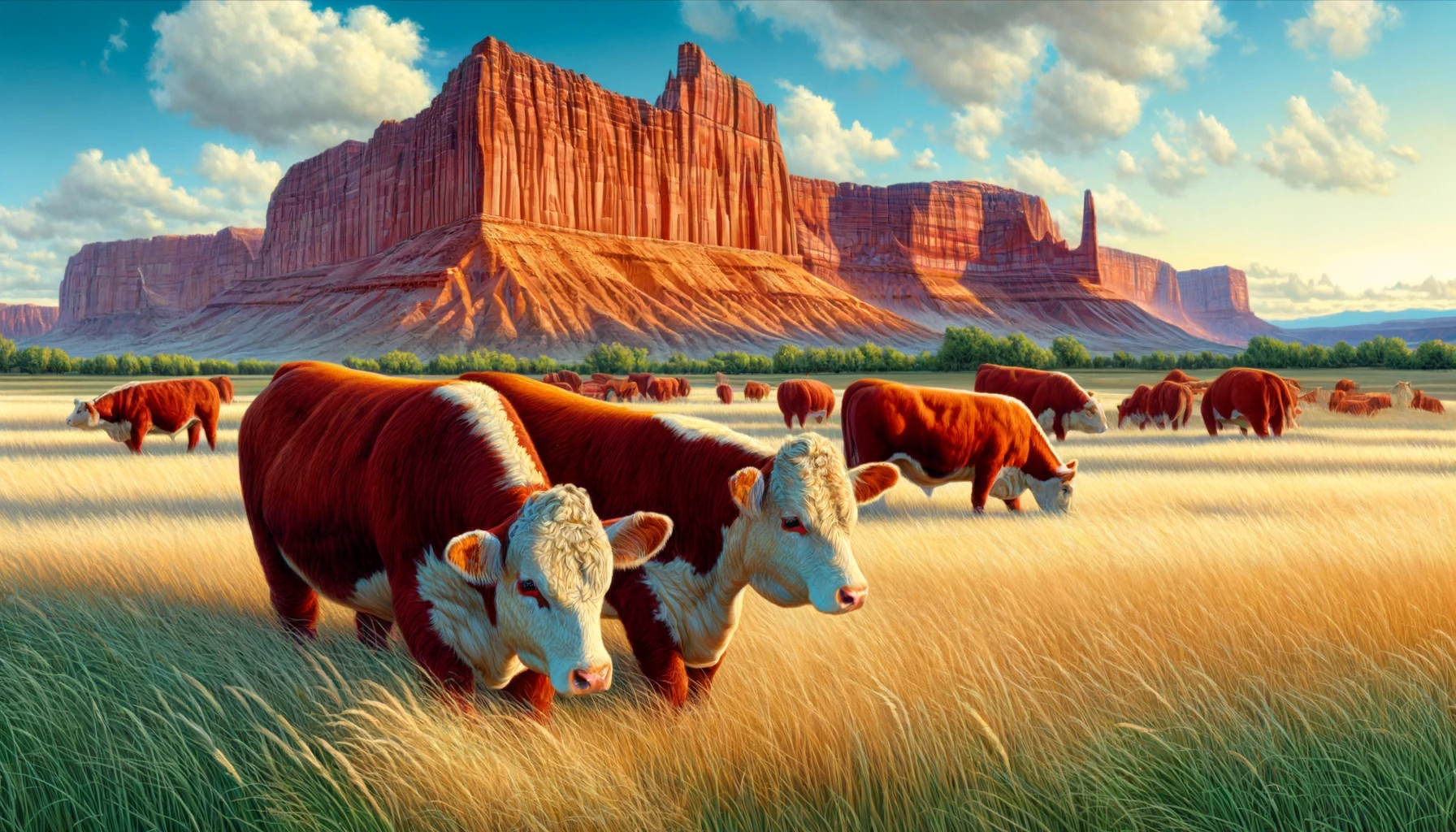 Giving Hereford Cattle Ranch - A vivid and detailed wide aspect closeup illustration of a Hereford Ranch in Utah. The scene focuses on Hereford cattle grazing in a scenic Utah lands (2)